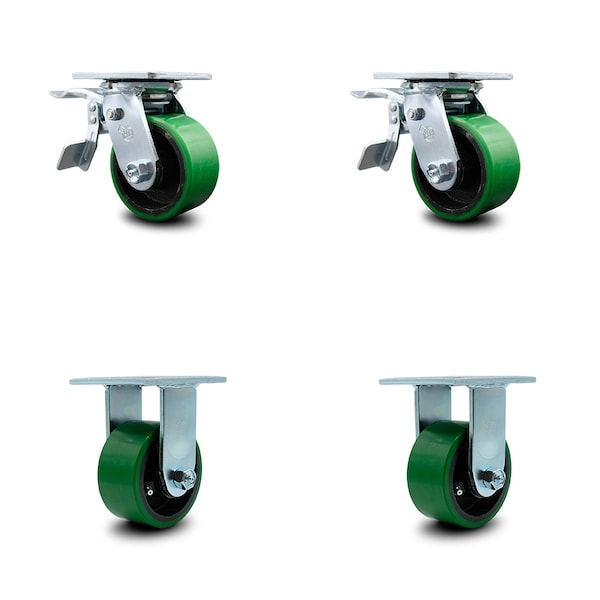 4 Inch Green Poly on Cast Iron Caster Set with Ball Bearings 2 Brakes 2 Rigid